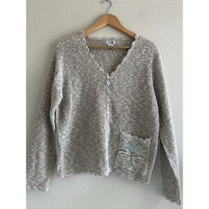 Z-Line Vintage Knit Sweater Large Ivory Embroidered Linen Blend Boho Grandma